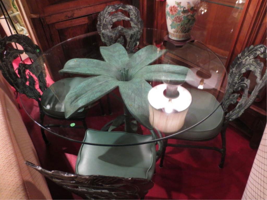 VINTAGE METAL DINING TABLE, HIBISCUS MOTIF BASE, GLASS : VINTAGE METAL DINING TABLE, HIBISCUS MOTIF BASE, GLASS TOP, 4 CHAIRS WITH SCROLLING LEAVES MOTIF, APPROX 42" ROUND