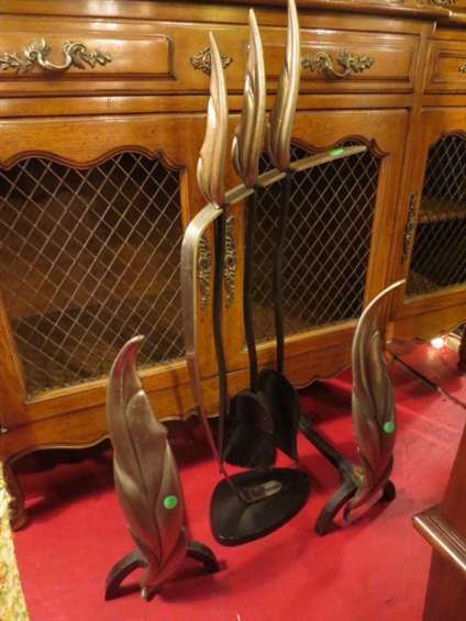 CONTEMPORARY DECO STYLE FIREPLACE SET WITH PAIR ANDIRON: CONTEMPORARY DECO STYLE FIREPLACE SET WITH PAIR ANDIRONS, UTENSILS, AND STAND, SILVER FINISH HANDLES WITH LEAF MOTIF, EXCELLENT CONDITION