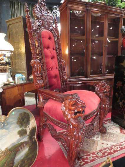 ELABORATELY CARVED WOOD THRONE CHAIR, LIONS HEAD ARMS,