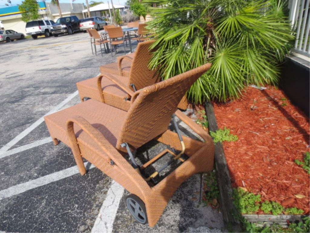 #2 OF TWO AVAILABLE PAIRS CONTEMPORARY PATIO LOUNGE REC: #2 OF TWO AVAILABLE PAIRS CONTEMPORARY PATIO LOUNGE RECLINERS, RATTAN LOOK ALL WEATHER COMPOSITION, EACH PAIR SOLD SEPARATELY