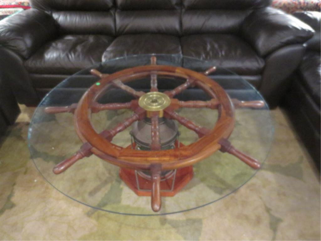 WOODEN SHIP'S WHEEL COFFEE TABLE WITH LANTERN BASE, GLA Apr 23, 2013