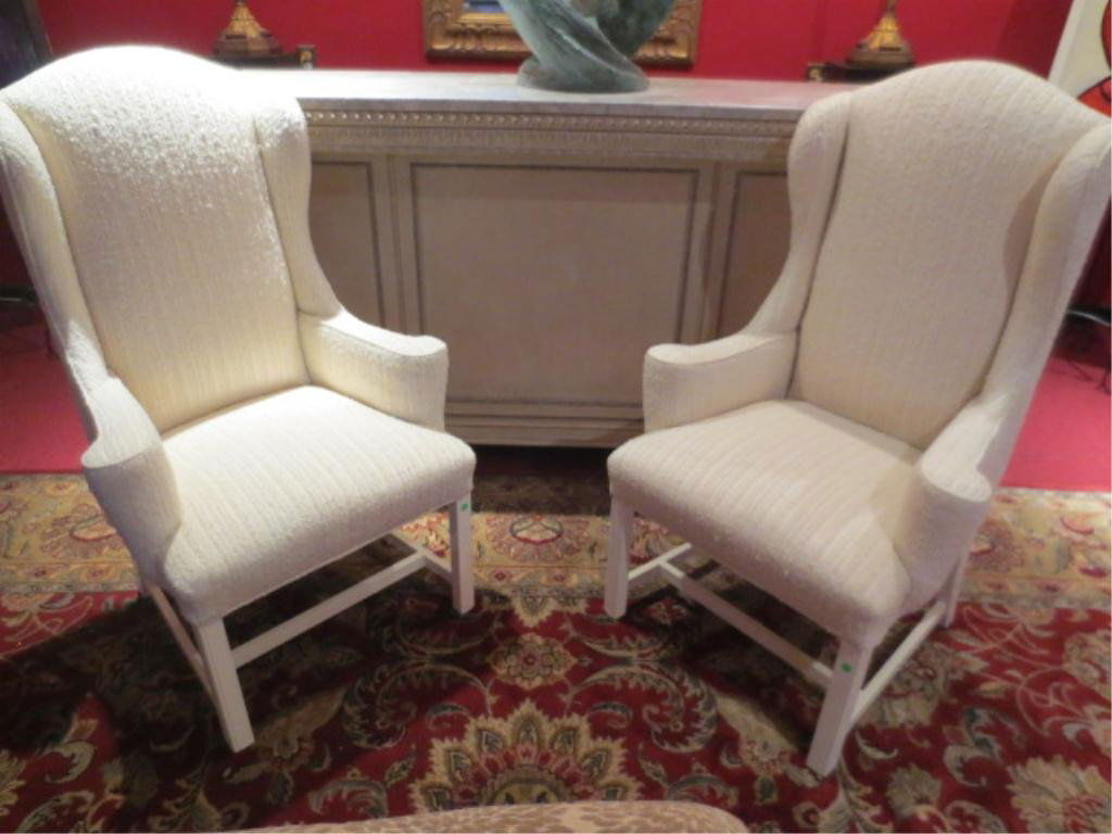 PAIR HOLLYWOOD REGENCY STYLE WINGBACK CHAIRS, WHITE GLO: PAIR HOLLYWOOD REGENCY STYLE WINGBACK CHAIRS, WHITE GLOSS FINISH LEGS, WHITE TEXTURED UPHOLSTERY, EXCELLENT CONDITION