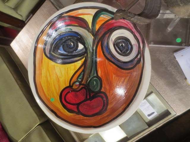 PETER ROBERT KEIL (GERMAN, B. 1942), ACRYLIC PAINTING O: PETER ROBERT KEIL (GERMAN, B. 1942), ACRYLIC PAINTING ON BOWL - SIGNED PETER KEIL & "BERLIN" ON BOTTOM, MINOR PAINT LOSS, APPROX 24" DIAMETER