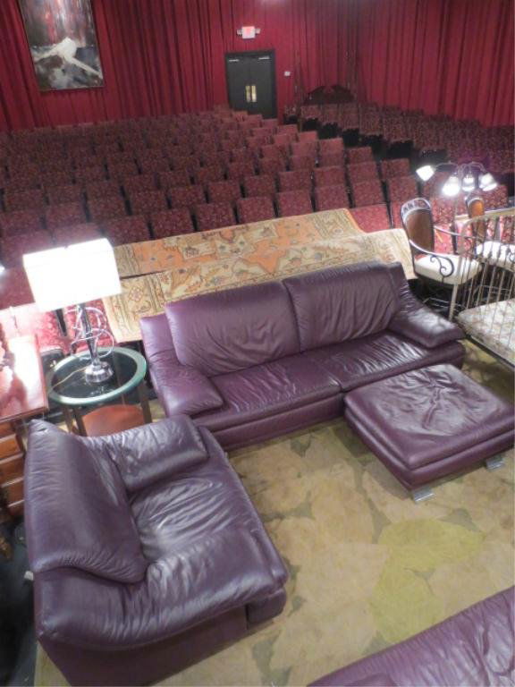 3 PC SET NATUZZI "GALAXIAN" CONTEMPORARY LEATHER SOFA,: 3 PC SET NATUZZI "GALAXIAN" CONTEMPORARY LEATHER SOFA, CHAIR AND OTTOMAN, MODEL 1671, DEEP AUBERGINE LEATHER WITH CURVED CHROME FEET, EXCELLENT CONDITION, MATCHING SECOND SOFA AND OTTOMAN SOLD SEPARAT