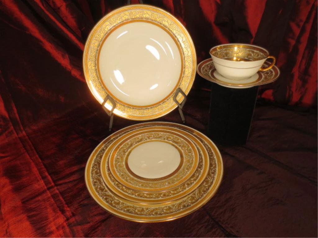 72 PC RARE L. BERNARDAUD & CO. LIMOGES "CHAMBORD" CHINA: 72 PC RARE L. BERNARDAUD & CO. LIMOGES "CHAMBORD" CHINA SERVICE FOR 12, MADE IN FRANCE, GOLD ENCRUSTED BANDS & GOLD SCROLLS, INCLUDES 12 PLATES, 12 SALAD PLATES, 12 BREAD PLATES, 12 BOWLS, 12 CUPS & 1