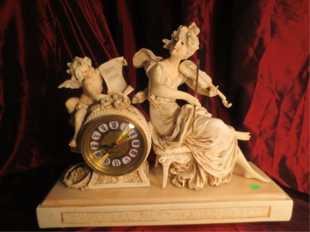 FIGURAL CLOCK, WOMAN PLAYING VIOLIN, QUARTZ CLOCK, APPR: FIGURAL CLOCK, WOMAN PLAYING VIOLIN, QUARTZ CLOCK, APPROX 12.5"H X 19.25"L X 6.5"W