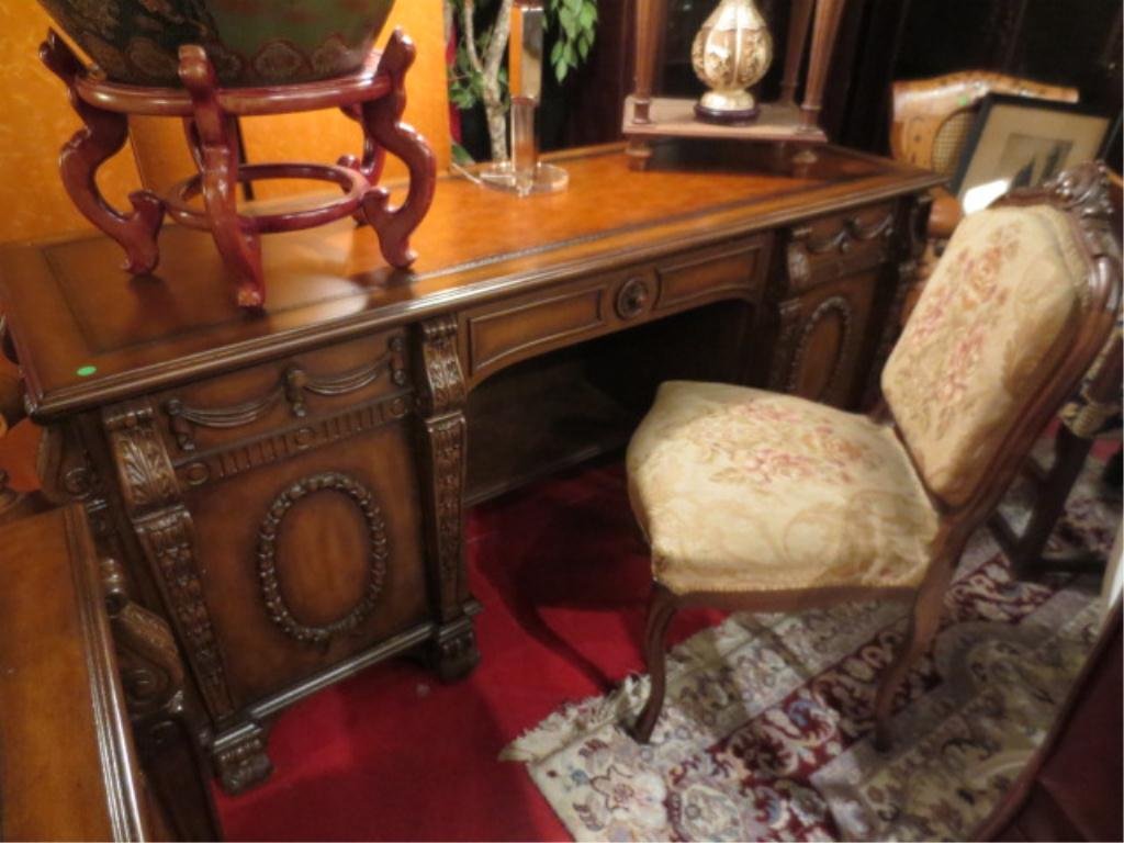 HOOKER FURNITURE RETURN/DESK, SEVEN SEAS COLLECTION, EM: HOOKER FURNITURE RETURN/DESK, SEVEN SEAS COLLECTION, EMBOSSED LEATHER TOP, PC TOWER COMPARTMENT, KEYBOARD DRAWER, VERY GOOD CONDITION, MATCHING PARTNER DESK SOLD SEPARATELY, APPROX 6'L