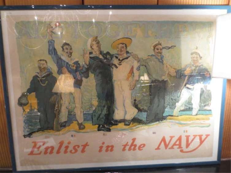 WW1 PROPAGANDA POSTER - "ALL TOGETHER! - ENLIST IN THE : WW1 PROPAGANDA POSTER - "ALL TOGETHER! - ENLIST IN THE NAVY" FRAMED POSTER, AMERICAN LITHOGRAPHIC CO., APPROX 35" X 48" FRAMED