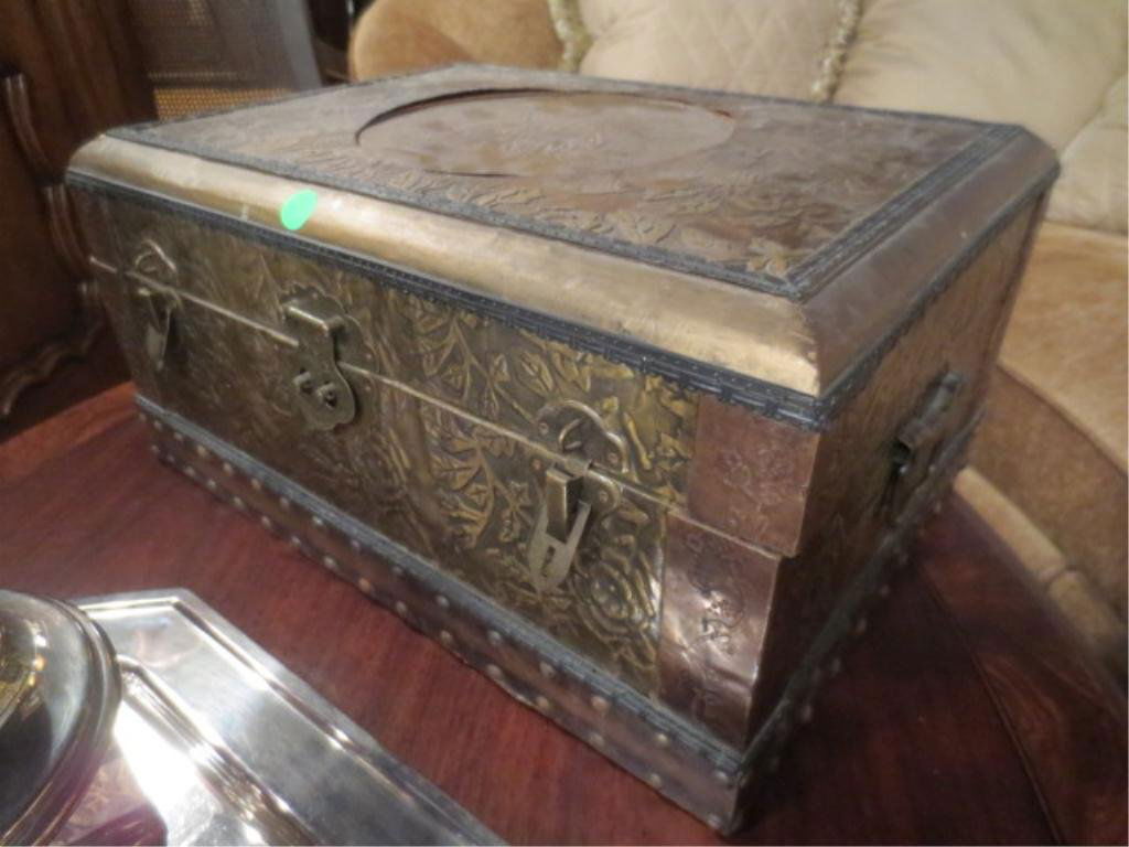 VINTAGE EMBOSSED METAL BOX, APPROX 22"L: VINTAGE EMBOSSED METAL BOX, APPROX 22"L
