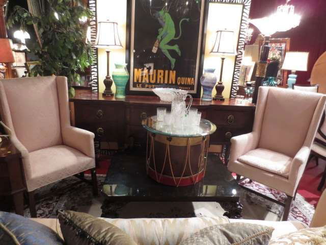 TWO VINTAGE WINGBACK CHAIRS, NEWER BLUSH UPHOLSTERY IN : TWO VINTAGE WINGBACK CHAIRS, NEWER BLUSH UPHOLSTERY IN EXCELLENT CONDITION, MAHOGANY FINISH WOOD LEGS, ONE DESIGNED WITH REMOVABLE SEAT CUSHION