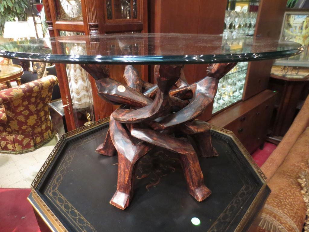 CARVED WOOD INTERLOCKING FIGURE TABLE BASE, GLASS TOP, May 28, 2013
