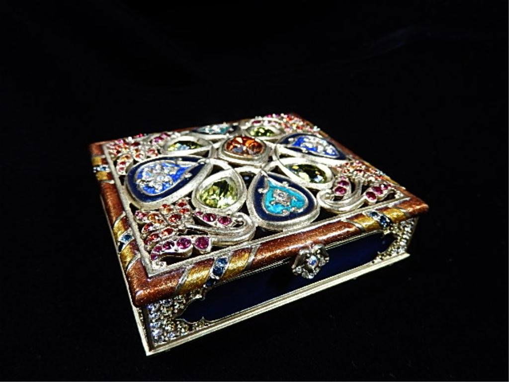 JAY STRONGWATER BEJEWELED BOX, HANDCRAFTED ENAMEL WITH: JAY STRONGWATER BEJEWELED BOX, HANDCRAFTED ENAMEL WITH SWAROVSKI CRYSTALS, APPROX 1.25"H X 3.75" X 3.25"