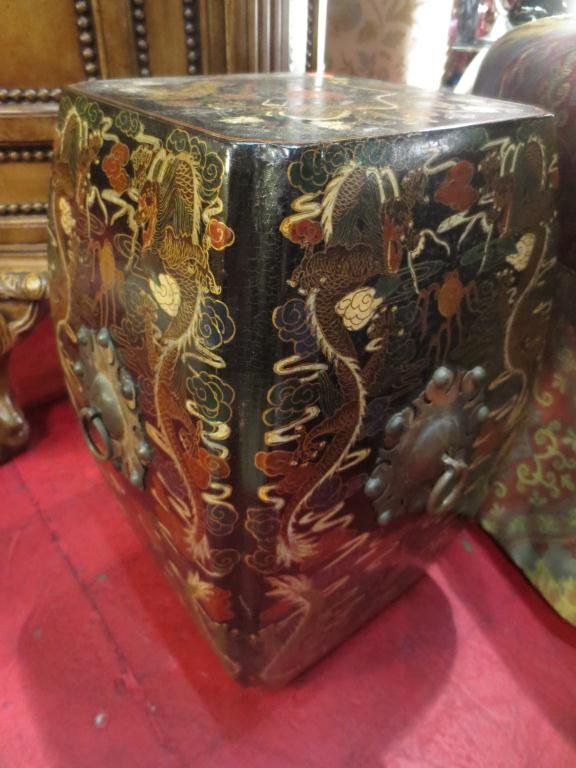 CHINESE WOOD STOOL, PAINTED DRAGONS, BRASS HANDLES,: CHINESE WOOD STOOL, PAINTED DRAGONS, BRASS HANDLES, APPROX 15"H