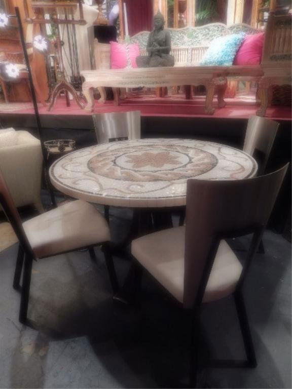 CONTEMPORARY MOSAIC TOP DINING TABLE, CURVED WOOD LEGS: CONTEMPORARY MOSAIC TOP DINING TABLE, CURVED WOOD LEGS IN DARK CHERRY FINISH, 5 STEEL BACK CHAIRS WITH BLACK FINISH METAL LEGS, WHITE UPHOLSTERED SEATS, APPROX 54" DIAMETER