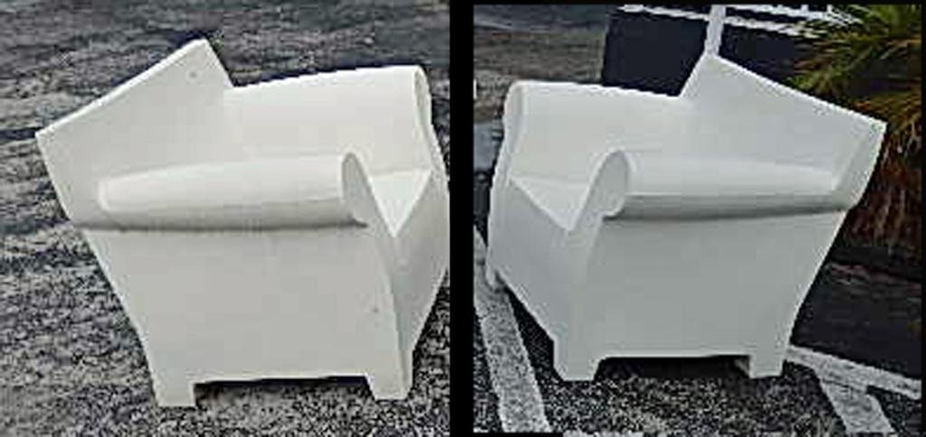 PAIR PHILLIPE STARCK BUBBLE CLUB ARMCHAIRS FOR KARTELL,: PAIR PHILLIPE STARCK BUBBLE CLUB ARMCHAIRS FOR KARTELL, WHITE POLYPROPOLENE, MADE IN ITALY, WEATHERPROOF, UV RESISTANT, MATCHING SOFA SOLD SEPARATELY, 41"W X 31.5"H X 30"D