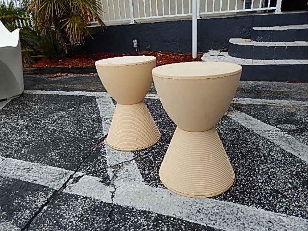 PAIR PHILLIPE STARCK "AHA" STOOLS FOR KARTELL, MADE IN: PAIR PHILLIPE STARCK "AHA" STOOLS FOR KARTELL, MADE IN ITALY, BEIGE POLYPROPOLENE, WEATHERPROOF, UV RESISTANT, 12" DIAMETER, 17"H