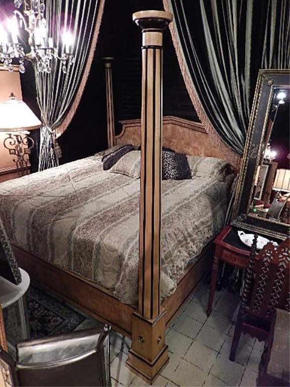 EJ VICTOR KING FOUR POST BEDROOM SET, BURL WOOD WITH: EJ VICTOR KING FOUR POST BEDROOM SET, BURL WOOD WITH BLACK ACCENTS, NEOCLASSICAL DESIGN, INCLUDES HEADBOARD, FOOTBOARD, RAILS, SLATS, AND WARDROBE ARMOIRE WITH MIIRRORS INSIDE DOORS, STEARNS AND FOSTE