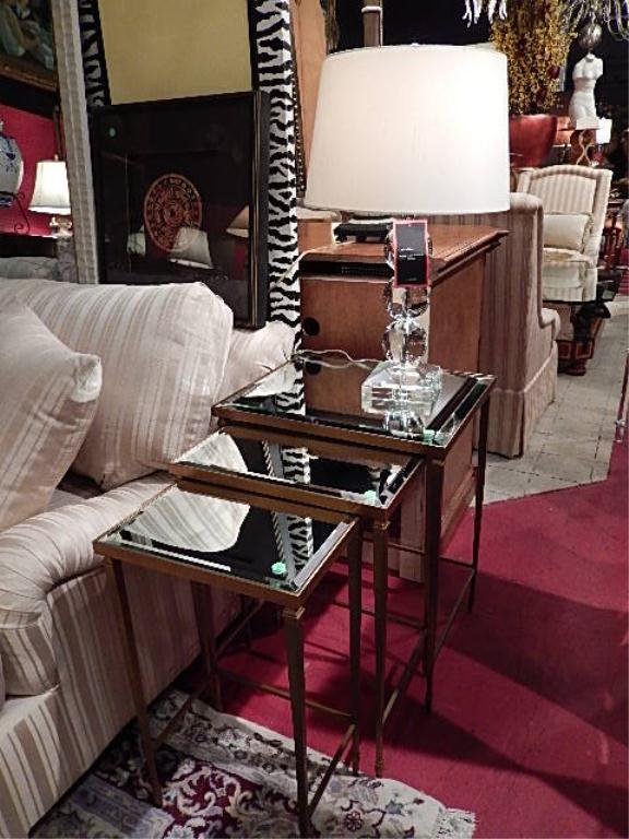 3 PC GOLD FINISH METAL STACKING TABLE, NEOCLASSICAL: 3 PC GOLD FINISH METAL STACKING TABLE, NEOCLASSICAL STYLE, BEVELED MIRROR TOPS, GOLD FINISH, LARGEST IS APPOX 18" X 12"