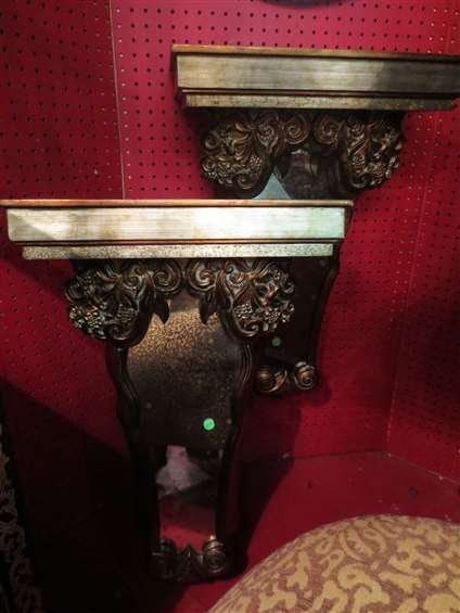 PAIR ORNATE MIRRORED WALL BRACKETS, ANTIQUED FINISH,: PAIR ORNATE MIRRORED WALL BRACKETS, ANTIQUED FINISH, APPROX 20"H