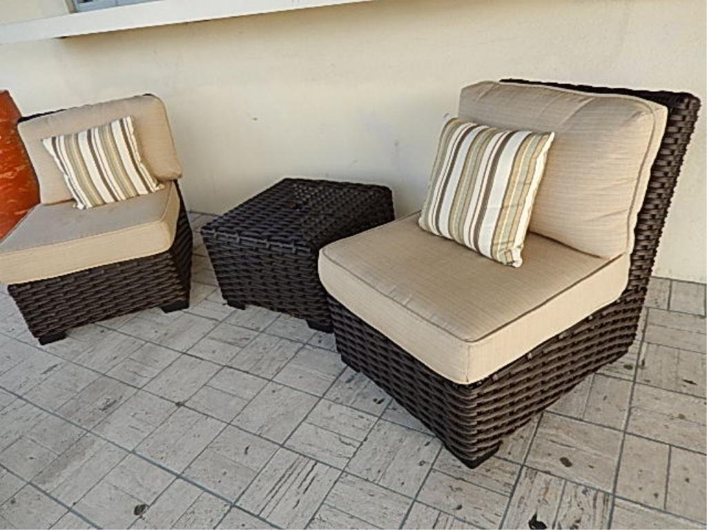 PAIR SUNBRELLA PATIO SLIPPER CHAIRS AND TABLE, RATTAN: PAIR SUNBRELLA PATIO SLIPPER CHAIRS AND TABLE, RATTAN LOOK COMPOSITION, BEIGE CUSHIONS WITH STRIPED ACCENT PILLOWS, LIKE NEW CONDITION