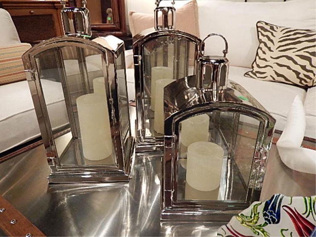 3 PC SET WILLIAMS SONOMA CHROME LANTERN CANDLE HOLDERS,