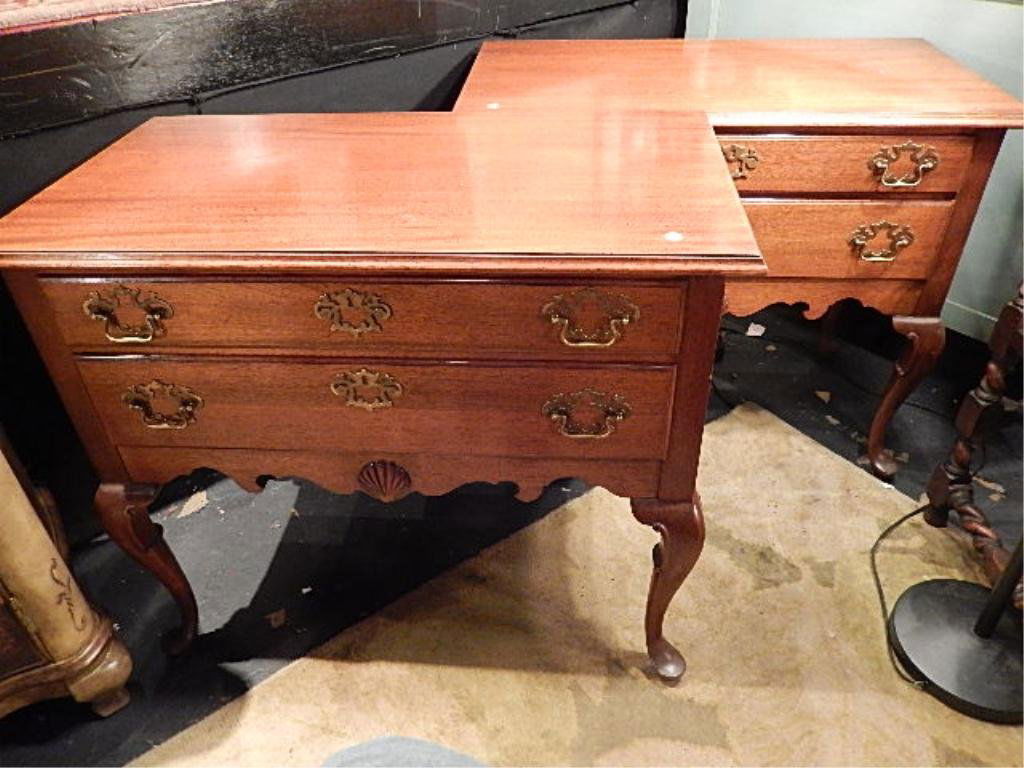 PAIR CHIPPENDALE STYLE LOWBOY CHESTS, 2 DRAWERS, BRASS: PAIR CHIPPENDALE STYLE LOWBOY CHESTS, 2 DRAWERS, BRASS PULLS, APPROX 35"2 X 30"H X 20"D