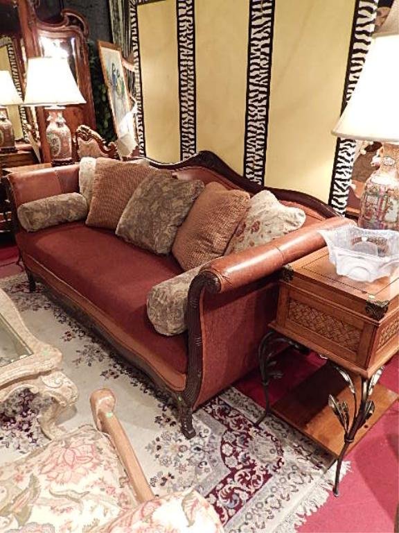 LEATHER EMPIRE STYLE SOFA, #1 OF TWO AVAILABLE, CURVED: LEATHER EMPIRE STYLE SOFA, #1 OF TWO AVAILABLE, CURVED ARMS, LEATHER AND WOOD BASE WITH PAPRIKA CHENILLE SEAT, COORDINATING ACCENT PILLOWS, EXCELLENT CONDITION