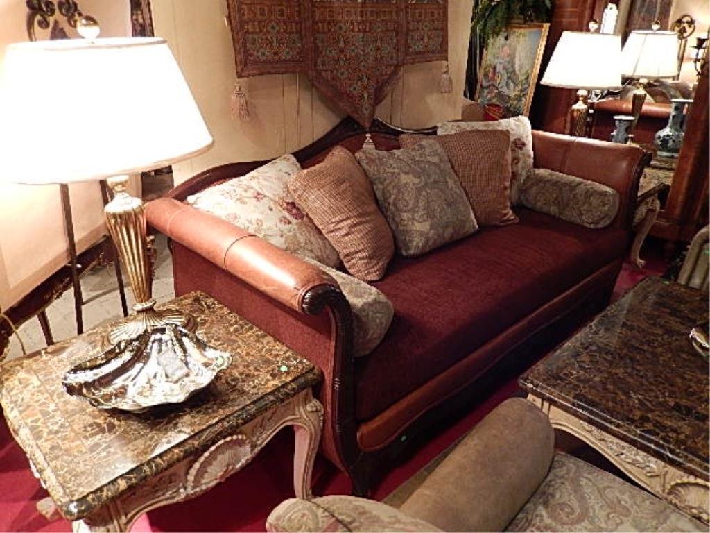 LEATHER EMPIRE STYLE SOFA, #2 OF TWO AVAILABLE, CURVED: LEATHER EMPIRE STYLE SOFA, #2 OF TWO AVAILABLE, CURVED ARMS, LEATHER AND WOOD BASE WITH PAPRIKA CHENILLE SEAT, COORDINATING ACCENT PILLOWS, EXCELLENT CONDITION