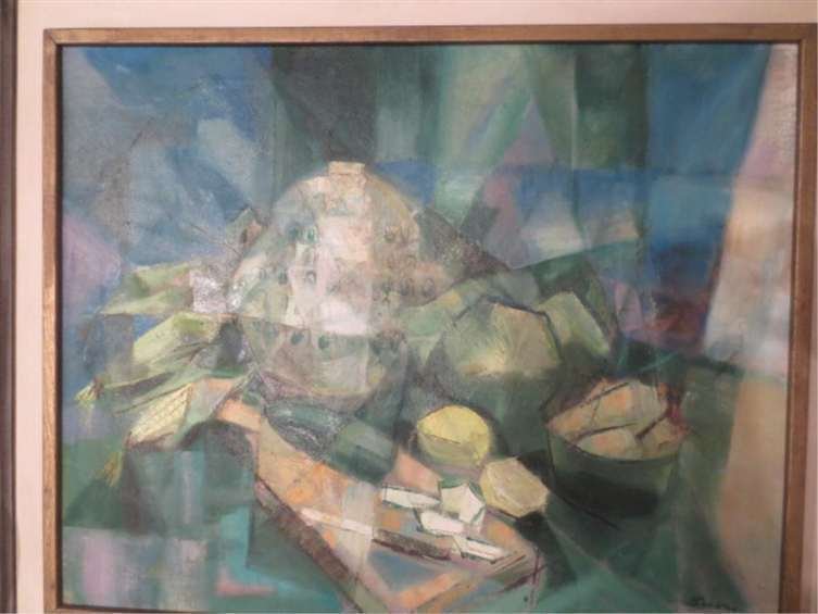 JOHANNA SECOR (AMERICAN) MIDCENTURY CUBIST STILL LIFE: JOHANNA SECOR (AMERICAN) MIDCENTURY CUBIST STILL LIFE OIL PAINTING ON CANVAS, APPROX 30.5" X 36" FRAMED