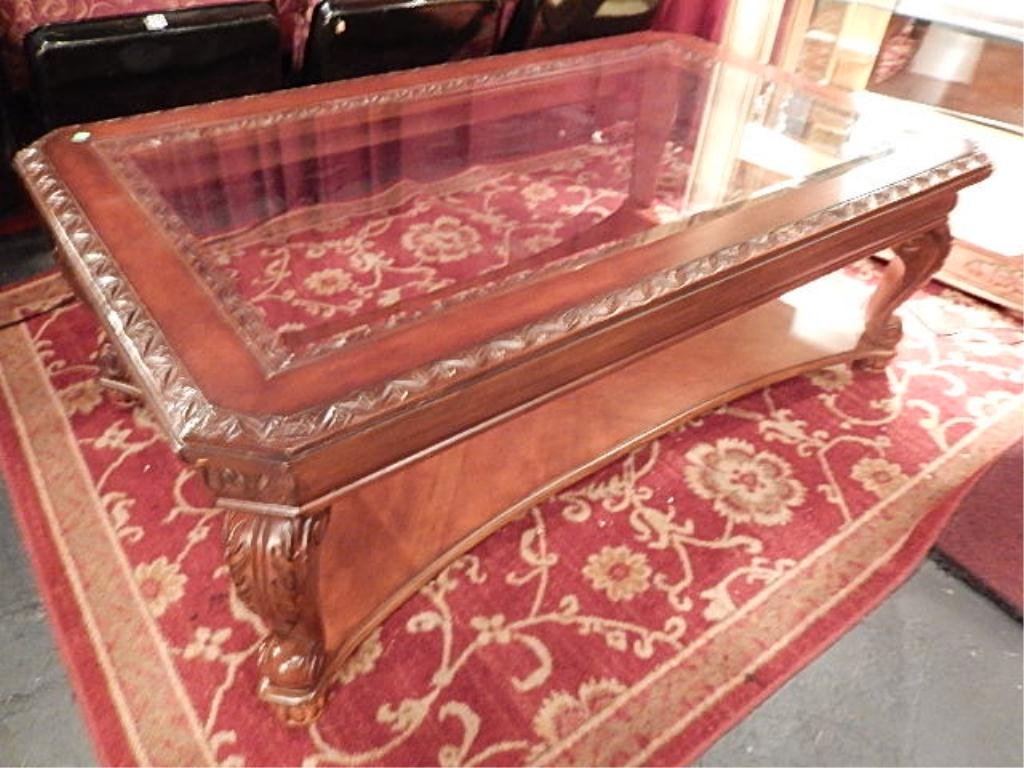 ORNATE WOOD COFFEE TABLE, GLASS TOP, WITH UNDERTIER,: ORNATE WOOD COFFEE TABLE, GLASS TOP, WITH UNDERTIER, APPROX 4' X 3'