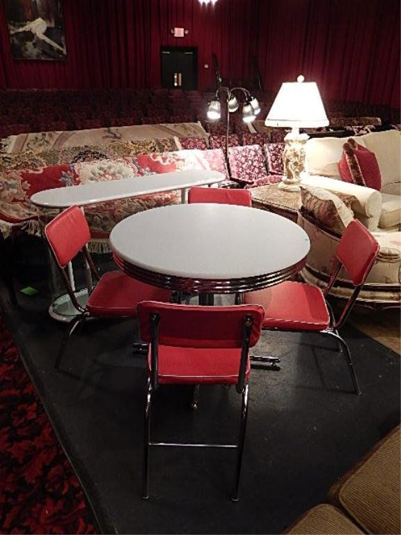 RETRO DINER STYLE CHROME TABLE AND 4 CHAIRS, RED VINYL: RETRO DINER STYLE CHROME TABLE AND 4 CHAIRS, RED VINYL UPHOLSTERED SEATS, APPROX 35" DIAMETER