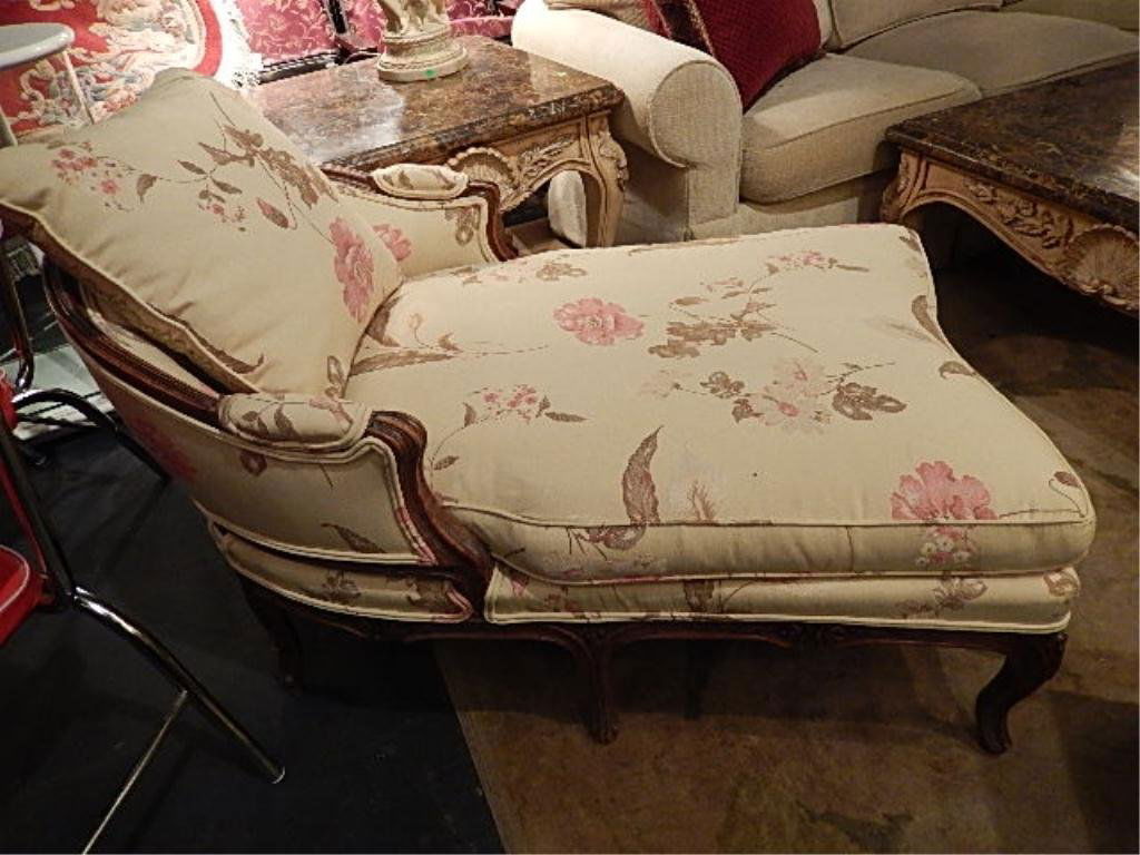 FRENCH LOUIS XV STYLE MIDCENTURY CHAISE, NEWLY: FRENCH LOUIS XV STYLE MIDCENTURY CHAISE, NEWLY REUPHOLSTERED IN CREAM YELLOW WITH FLORAL, DARK FINISH WOOD FRAME, EXCELLENT CONDITION