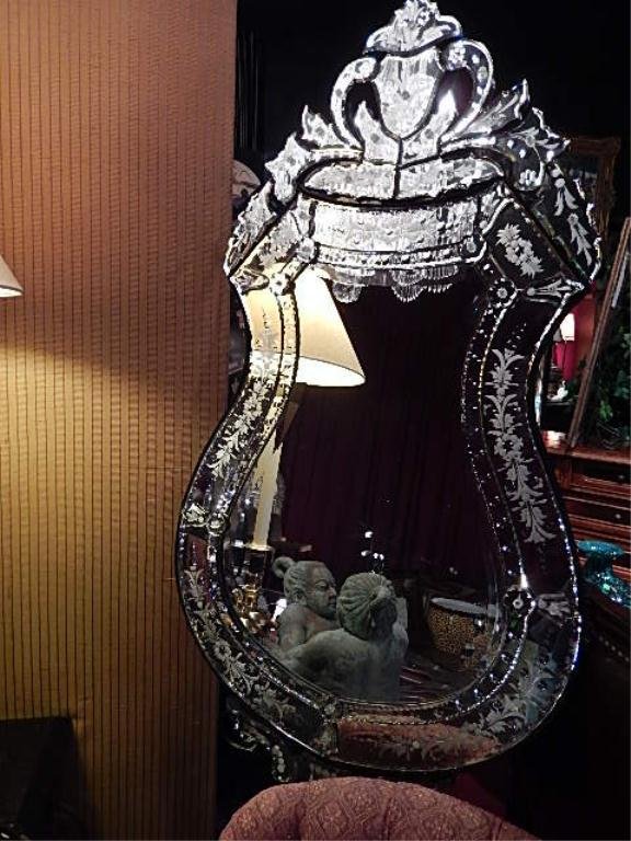 VENETIAN STYLE ETCHED GLASS MIRROR, ORNATE CREST AND: VENETIAN STYLE ETCHED GLASS MIRROR, ORNATE CREST AND FRAME, VIOLIN SHAPE, APPROX 3"H X 2'W