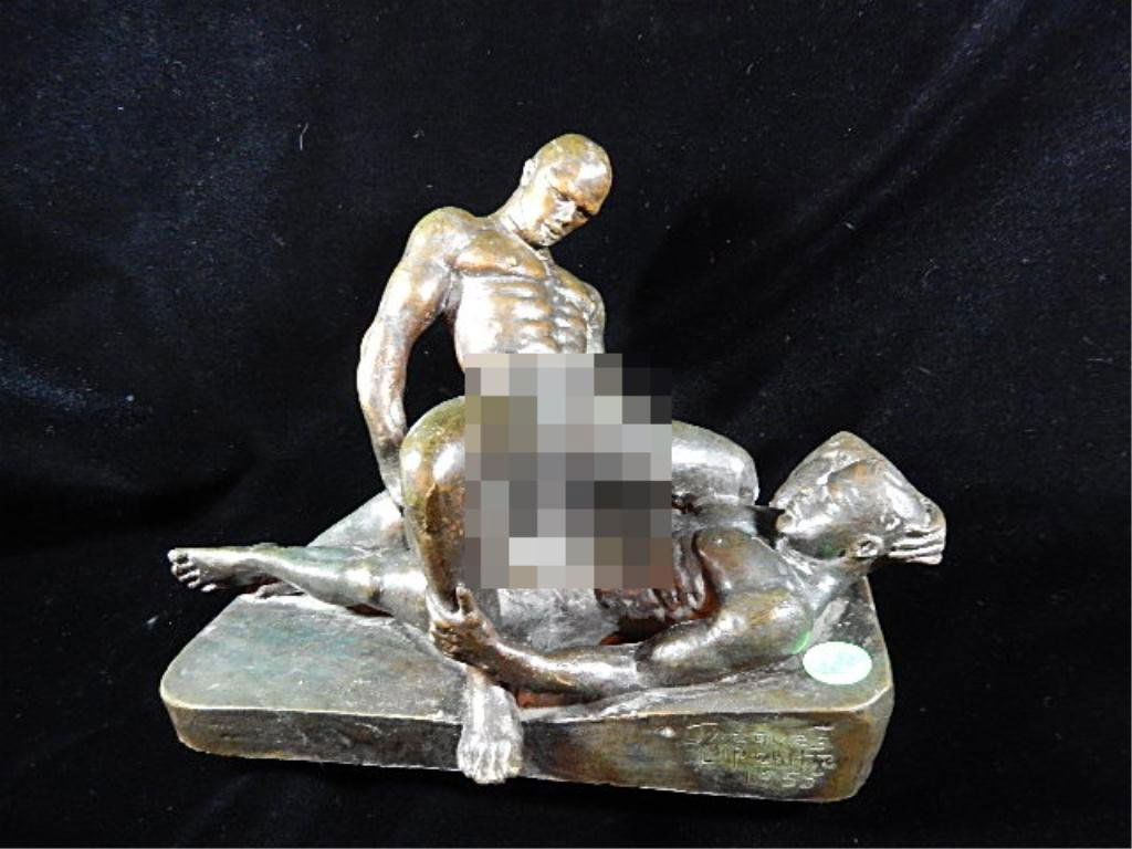 JACQUES LIPCHITZ EROTIC BRONZE SCULPTURE, 1955, TWO: JACQUES LIPCHITZ EROTIC BRONZE SCULPTURE, 1955, TWO MEN, INSCRIBED "JACQUES LIPCHITZ 1955" ON BASE, APPROX 7"H X 10"L