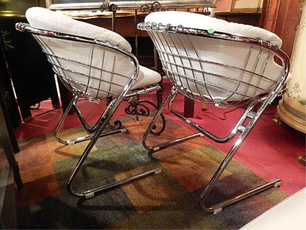 PAIR GASTONE RINALDI CHROME CANTILEVER CHAIRS FOR: PAIR GASTONE RINALDI CHROME CANTILEVER CHAIRS FOR THEMA, ITALY, CIRCA 1970's, #2 OF TWO AVAILABLE PAIRS, WHITE UPHOLSTERED SEATS, LABELED THEMA, MADE IN ITALY, EACH PAIR SOLD SEPARATELY, APPROX 30"H X