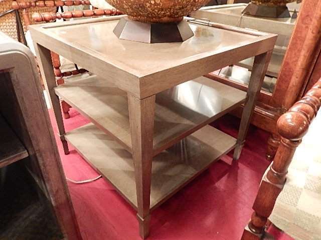 BARBARA BARRY FOR BAKER FURNITURE TABLE, DRIFTWOOD GRAY: BARBARA BARRY FOR BAKER FURNITURE TABLE, DRIFTWOOD GRAY FINISH, 3 TIERS, LABELED BAKER FURNITURE, EXCELLENT CONDITION, APPROX 30" SQUARE