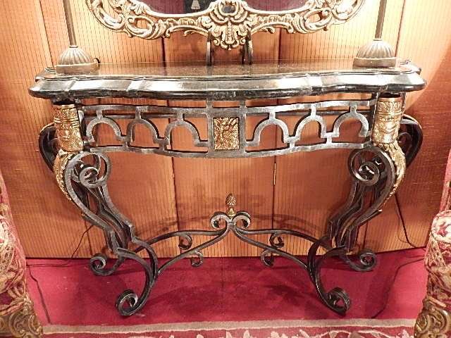 MAITLAND SMITH ROCOCO MARBLE TOP CONSOLE TABLE,: MAITLAND SMITH ROCOCO MARBLE TOP CONSOLE TABLE, TESSELATED MARBLE TOP, METAL BASE WITH GOLD GILT ACCENTS, LABELED MAITLAND SMITH, EXCELLENT CONDITION, APPROX 3.5'L X 2"D S 35"H