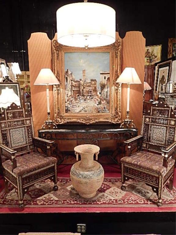 PAIR ANTIQUE MOROCCAN INLAID THRONE CHAIRS, INTRICATE: PAIR ANTIQUE MOROCCAN INLAID THRONE CHAIRS, INTRICATE MOTHER OF PEARL AND BONE INLAID DESIGNS, APPROX 48"H