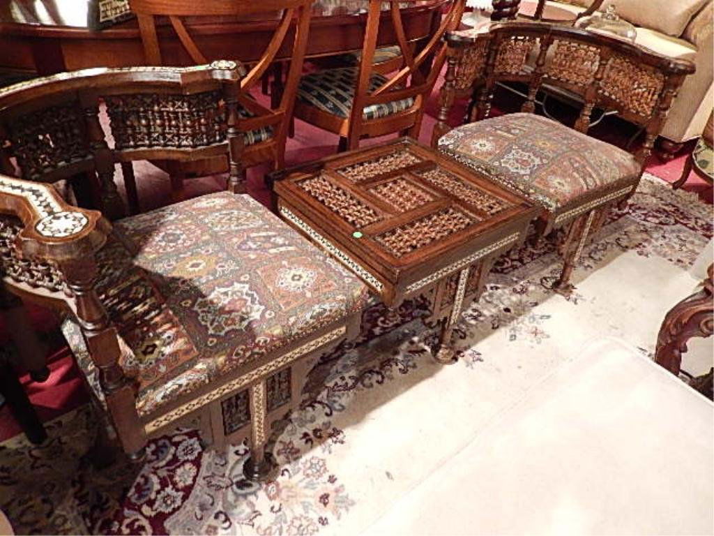 PAIR ANTIQUE MOROCCAN INLAID CORNER CHAIRS, INTRICATE: PAIR ANTIQUE MOROCCAN INLAID CORNER CHAIRS, INTRICATE MOTHER OF PEARL AND BONE INLAID DESIGNS, SOME MISSING SPINDLES ON CHAIR BACK BUT EXTRA PIECES AVAILABLE