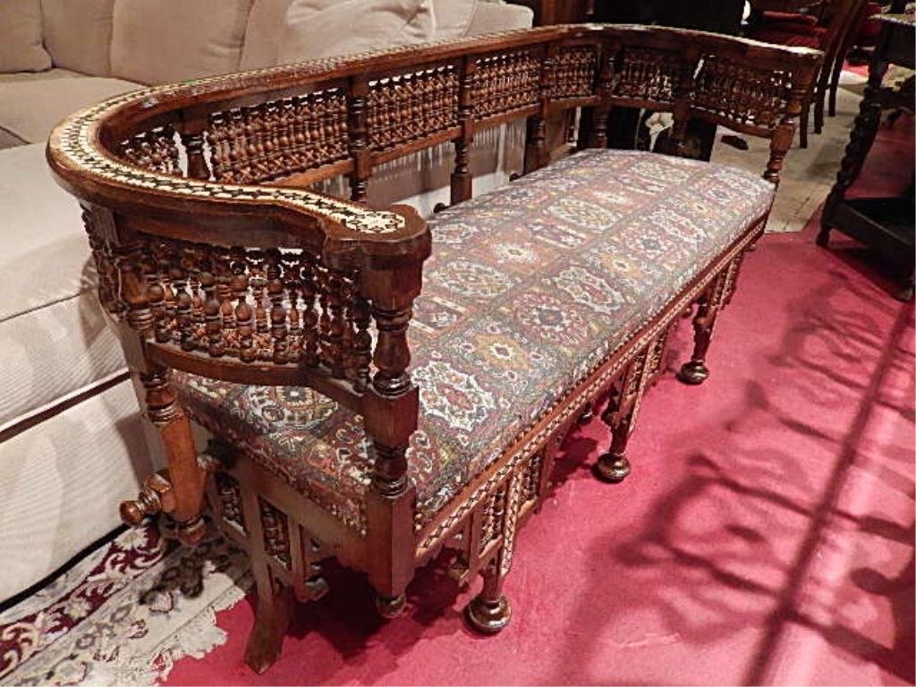 ANTIQUE MOROCCAN INLAID SOFA, INTRICATE MOTHER OF PEARL: ANTIQUE MOROCCAN INLAID SOFA, INTRICATE MOTHER OF PEARL AND BONE INLAID DESIGNS, SOME MISSING SPINDLES ON SOFA BACK BUT EXTRA PIECES AVAILABLE