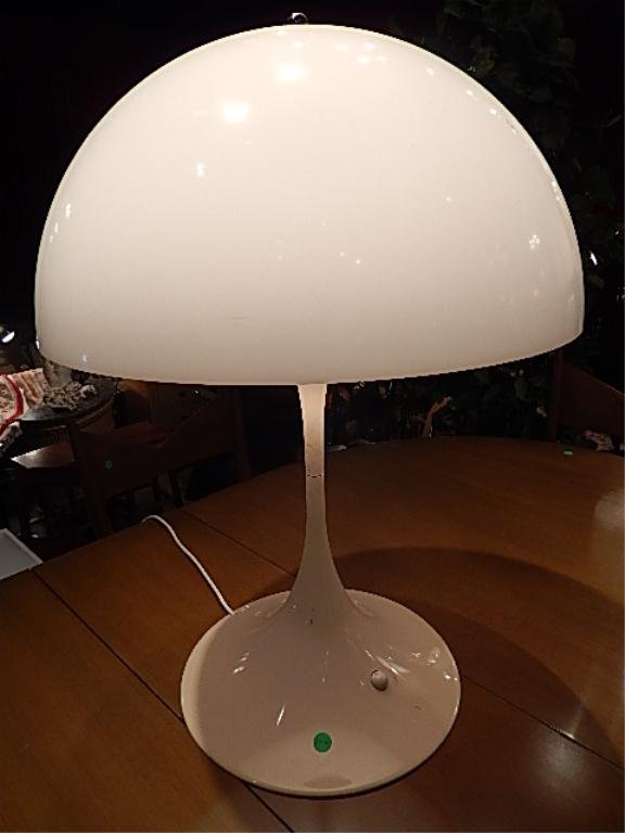 LOUIS POULSON PANTHELLA TABLE LAMP DESIGNED BY VERNER: LOUIS POULSON PANTHELLA TABLE LAMP DESIGNED BY VERNER PANTON, WHITE MUSHROOM TOP SHADE, APPROX 26.5"H