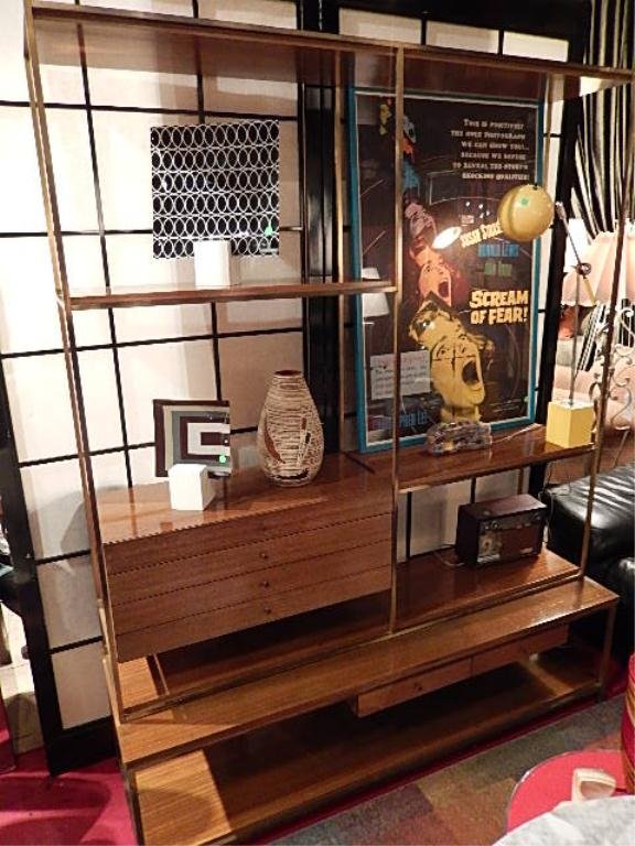PAUL MCCOBB IRWIN COLLECTION WALL UNIT BY CALVIN,: PAUL MCCOBB IRWIN COLLECTION WALL UNIT BY CALVIN, MIDCENTURY MODERN WITH ORIGINAL LABEL, TUBULAR SQUARE BRASS FRAME, 83.5"H X 71.5"W X 19"D