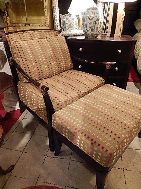 MARK DAVID ARMCHAIR AND OTTOMAN, DARK FINISH, WITH: MARK DAVID ARMCHAIR AND OTTOMAN, DARK FINISH, WITH RATTAN STYLE FRAME, GOOD CONDITION WITH SOME NICKS TO WOOD