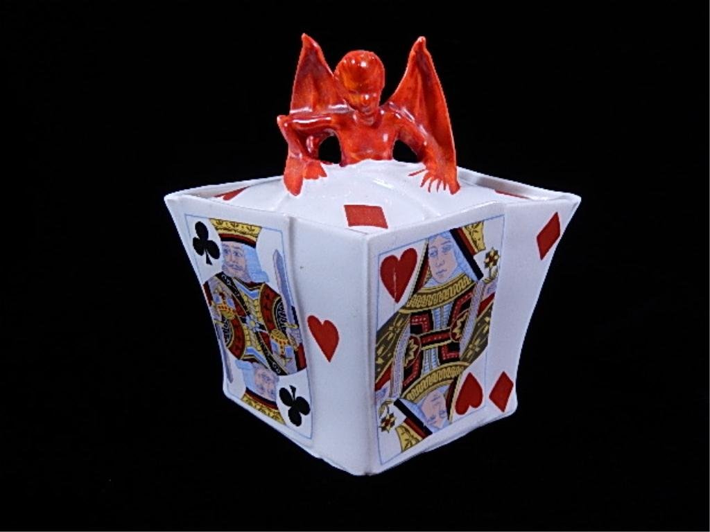 ROYAL BAYREUTH BAVARIA PORCELAIN "DEVIL & CARDS": ROYAL BAYREUTH BAVARIA PORCELAIN "DEVIL & CARDS" PATTERN SUGAR WITH LID, #2 OF 2 AVAILABLE, THIS ONE WITH KING OF DIAMONDS, QUEEN OF SPADES, KING OF CLUBS, & QUEEN OF HEARTS, APPROX 4.75"H X 4.75"L
