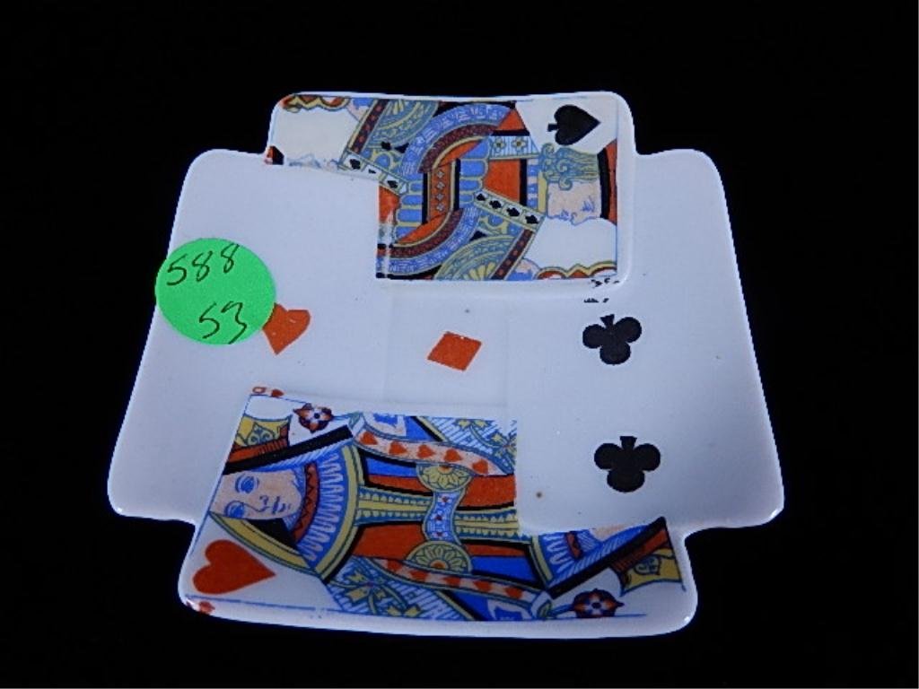 CARD PATTERN SMALL PLATE, UNMARKED, MATCHES ROYAL: CARD PATTERN SMALL PLATE, UNMARKED, MATCHES ROYAL BAYREUTH "DEVIL & CARDS" PATTERN, APPROX 3 5/8" SQUARE