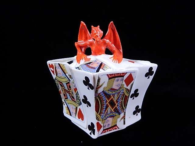 ROYAL BAYREUTH BAVARIA PORCELAIN "DEVIL & CARDS": ROYAL BAYREUTH BAVARIA PORCELAIN "DEVIL & CARDS" PATTERN SUGAR WITH LID, #1 OF 2 AVAILABLE, THIS ONE WITH 2 QUEEN OF HEARTS, KING OF DIAMONDS AND QUEEN OF SPADES, APPROX 4 3/8"H X 4 5/8"L