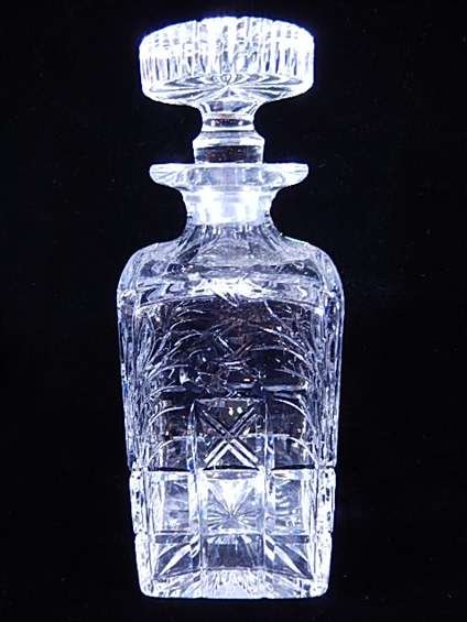 CUT CRYSTAL DECANTER, ETCHED MADE IN TUDOR ENGLAND ON: CUT CRYSTAL DECANTER, ETCHED MADE IN TUDOR ENGLAND ON BASE, APPROX 9.5"H