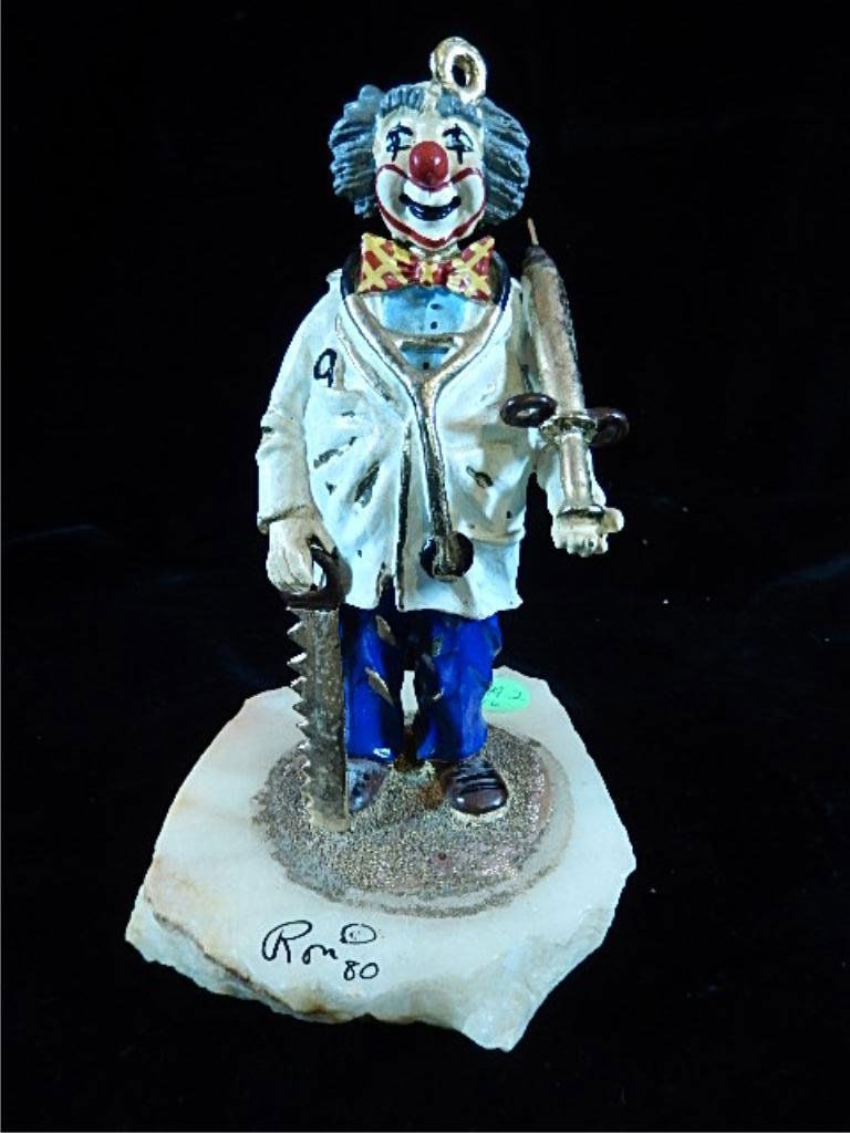 RON LEE SIGNED METAL CLOWN SCULPTURE, SURGEON CLOWN,: RON LEE SIGNED METAL CLOWN SCULPTURE, SURGEON CLOWN, NON-PRODUCTION, GOLD BEADING, WHITE ONYX BASE, APPROX 8"H