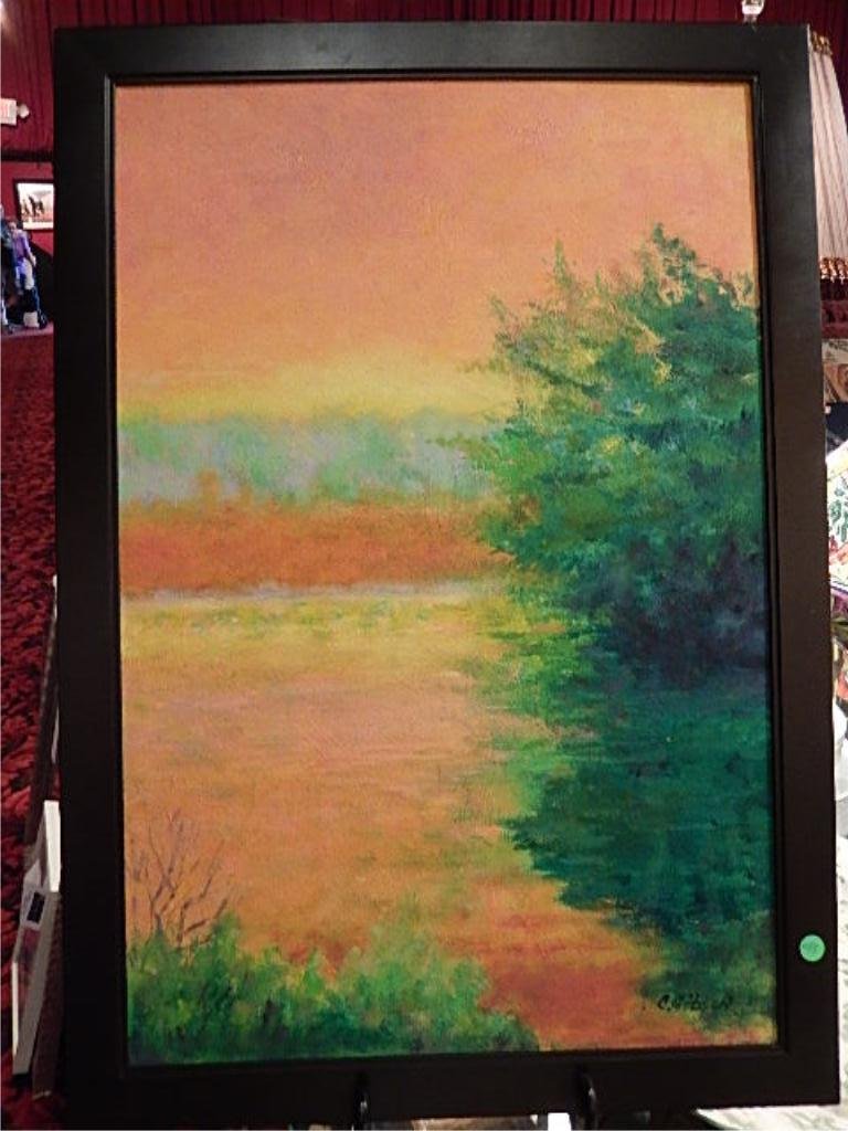 CHARLES GIBSON ORIGINAL OIL ON CANVAS, LAKE SCENE,: CHARLES GIBSON ORIGINAL OIL ON CANVAS, LAKE SCENE, SIGNED BY ARTIST LOWER RIGHT, APPROX 23" X 34" FRAMED