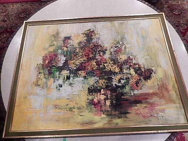 HILDA GLEIZER RINDOM, OIL ON CANVAS PAINTING, ABSTRACT: HILDA GLEIZER RINDOM, OIL ON CANVAS PAINTING, ABSTRACT FLORAL STILL LIFE, APPROX 33.5" X 43.5" FRAMED